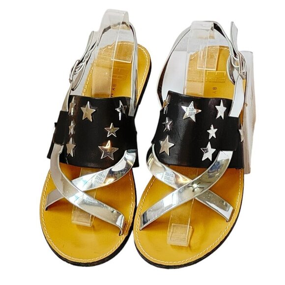 E8 by Miista Black Leather Flat Sandal Metallic Silver Straps and Stars   9.5 - Picture 1 of 10